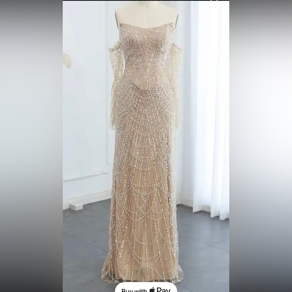 Champagne sequin and beaded strapless gown